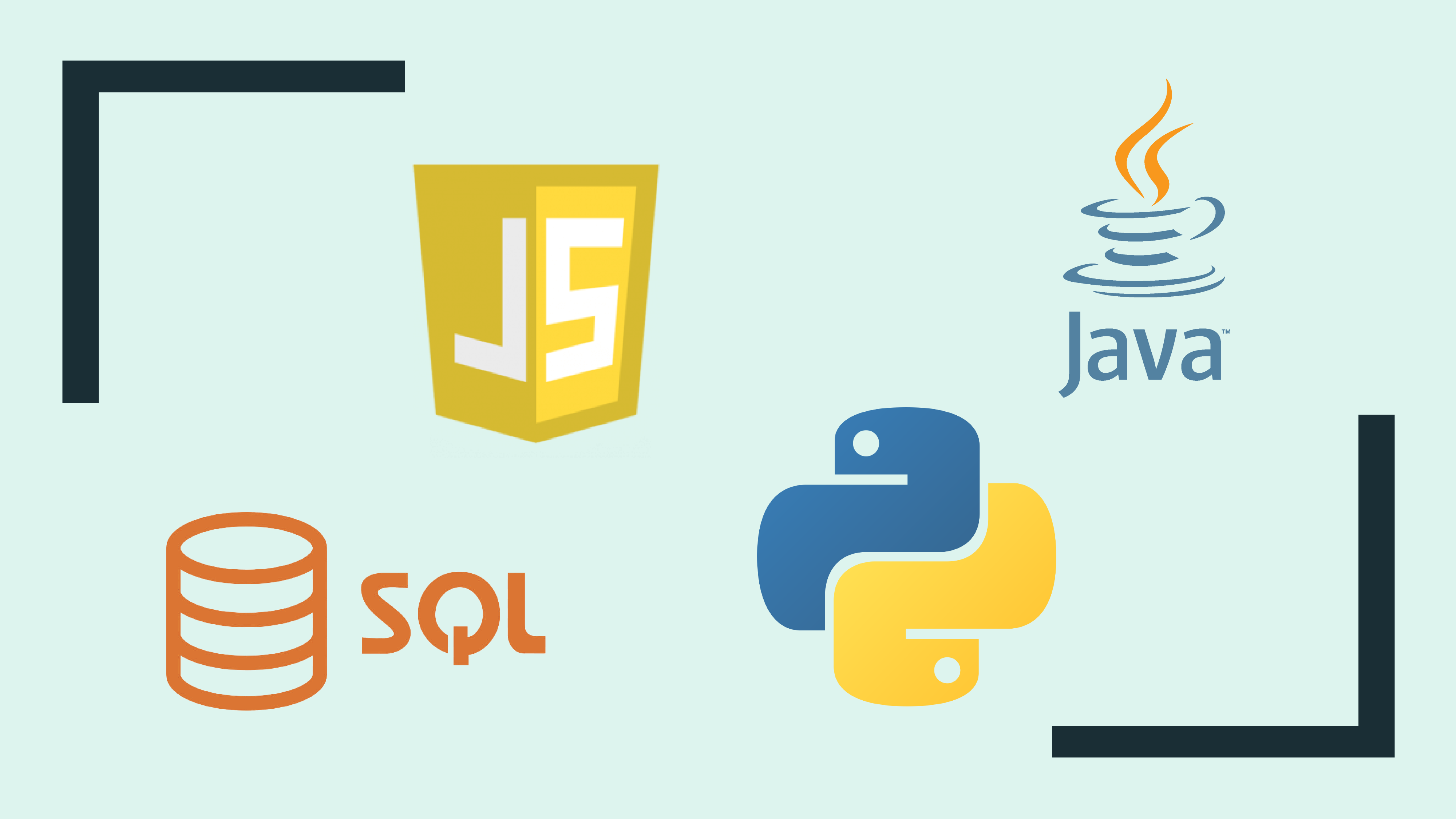The logos for programming languages, including Javascript, Java, SQL and Python
